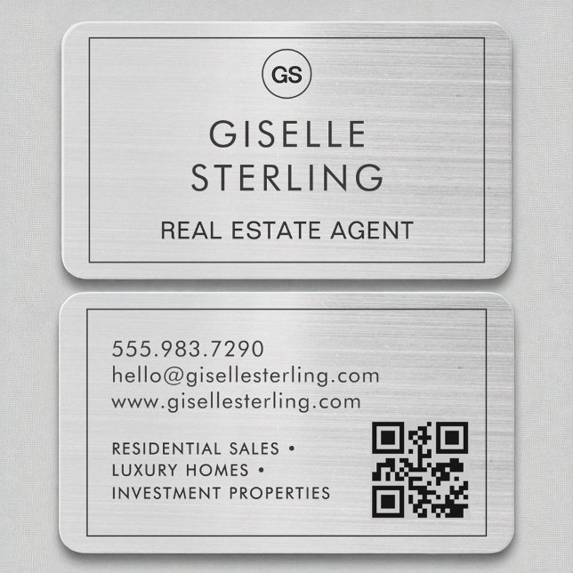 Real Estate Agent Brushed Silver Monogram QR Code  Business Card (Creator Uploaded)