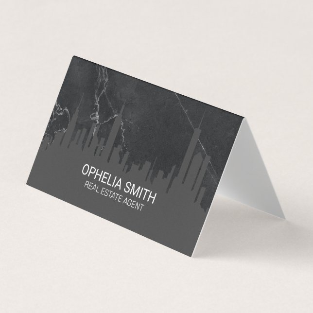 Real Estate Agent Cityscape Marble Business Card (Front)