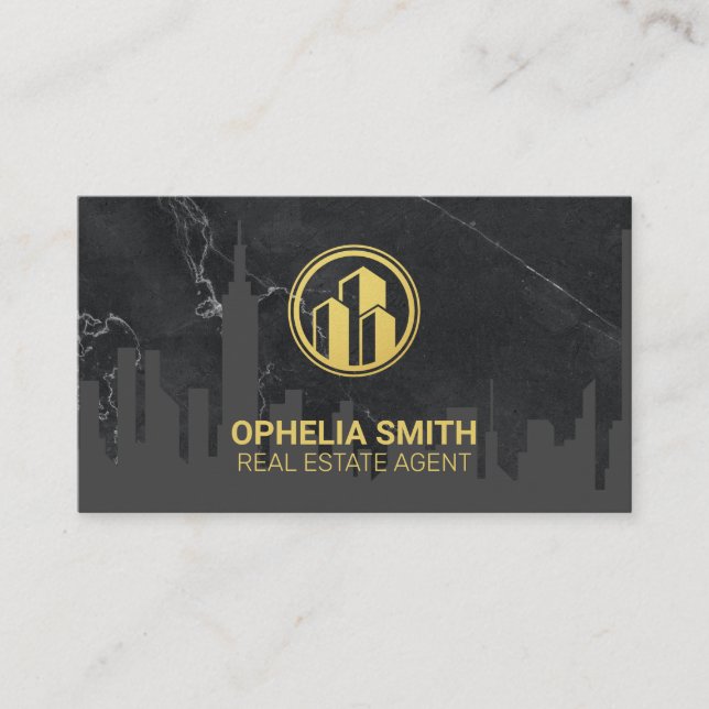 Real Estate Agent Cityscape Marble | Gold Building Business Card (Front)