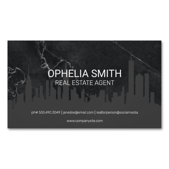 Real Estate Agent Cityscape Marble Magnetic Business Card (Front)