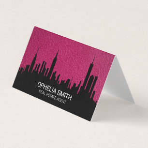 Real Estate Agent Cityscape Pink Leather Business Card