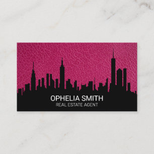 Real Estate Agent Cityscape Pink Leather Business Card