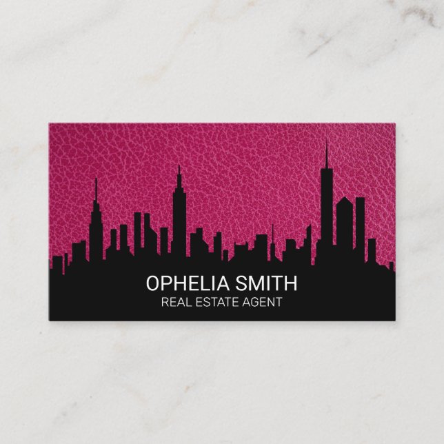 Real Estate Agent Cityscape | Pink Leather Business Card (Front)