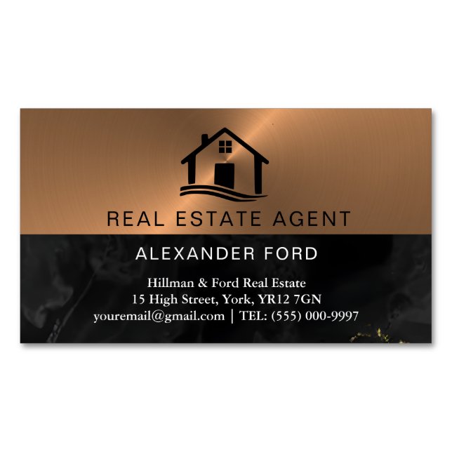 Real Estate Agent copper Metallic Gold Marble  Magnetic Business Card (Front)