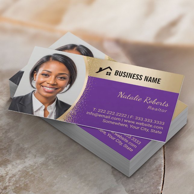 Real Estate Agent Custom Logo Purple Gold Realtor Business Card (Creator Uploaded)