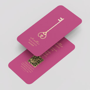 Real Estate Agent Elegant Pink Gold Key Modern  Business Card