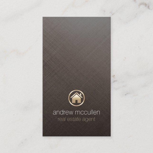 Real Estate Agent Gold House Icon Brushed Metal Business Card (Front)