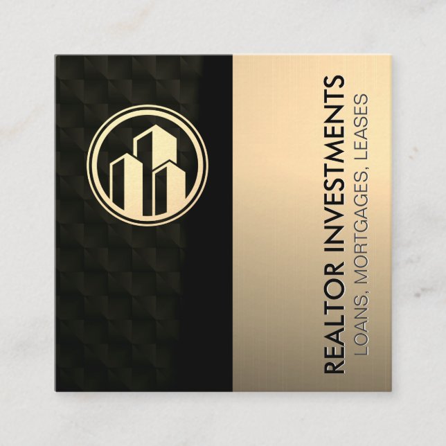 Real Estate Agent | Gold Metallic | Sleek Black Square Business Card (Front)