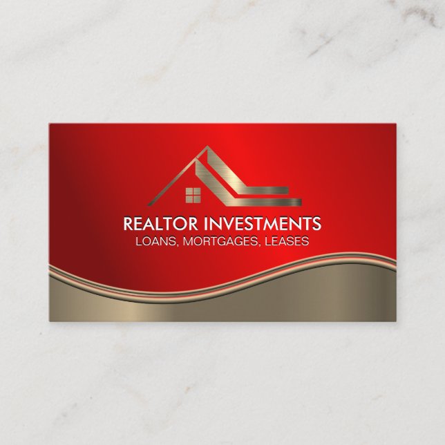Real Estate Agent | Gold Ruby Red Metallic Wave Business Card (Front)