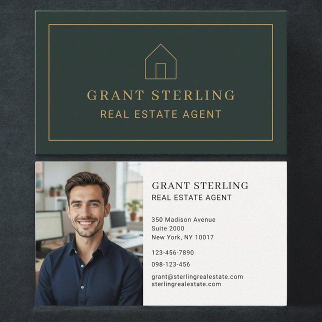 Real Estate Agent Green Gold House Photo Minimal  Business Card (Creator Uploaded)