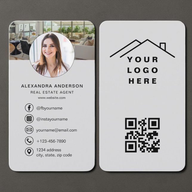 Real Estate Agent Grey QR Code Photo Business Card (Creator Uploaded)