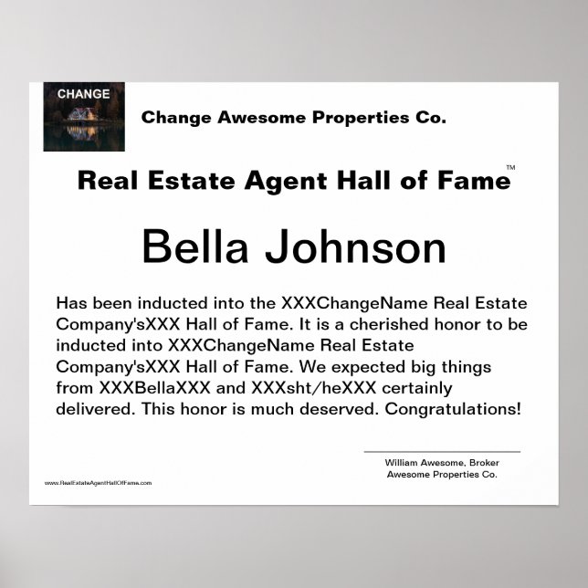 Real Estate Agent Hall of Fame Certificate Poster (Front)