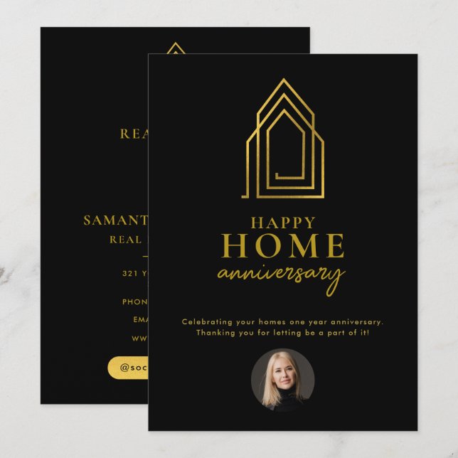 Real Estate Agent Happy Home Anniversary Gold Card (Front/Back)