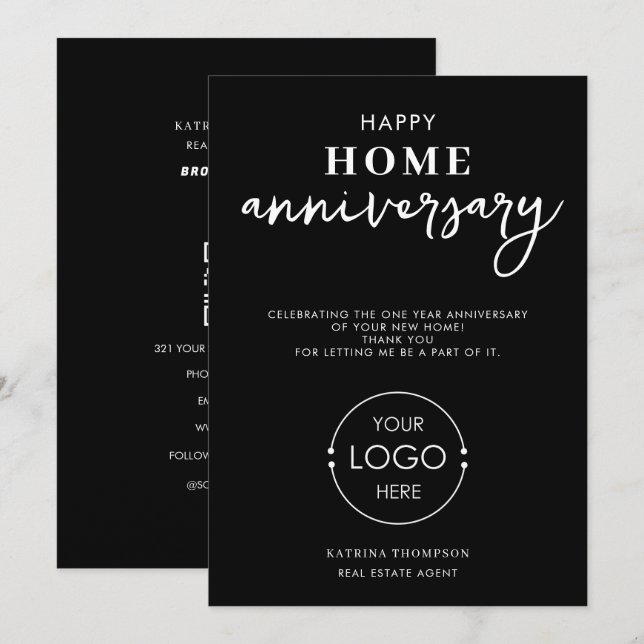 Real Estate Agent Happy Home Anniversary Logo Thank You Card (Front/Back)