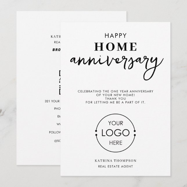Real Estate Agent Happy Home Anniversary Logo Thank You Card (Front/Back)