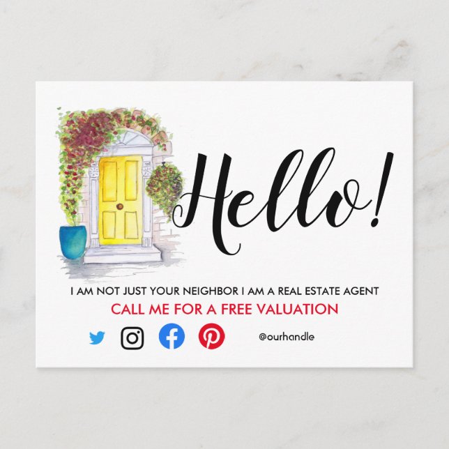 Real Estate Agent HELLO yellow front door selling Announcement Postcard (Front)