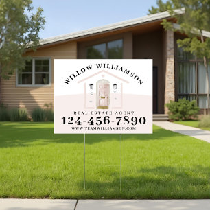 Real Estate Agent House & Pink Watercolor Door Garden Sign