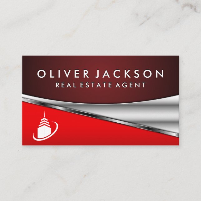 Real Estate Agent Icon | Homes | Red Metallic Busi Business Card (Front)