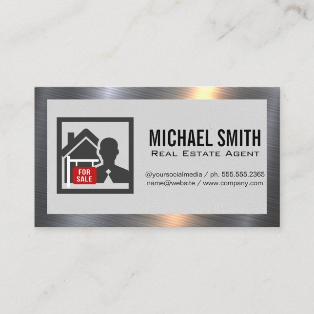 Real Estate Agent Logo | Metal Border Business Card (Front)
