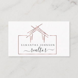 Real estate agent logo with house in rose gold  business card