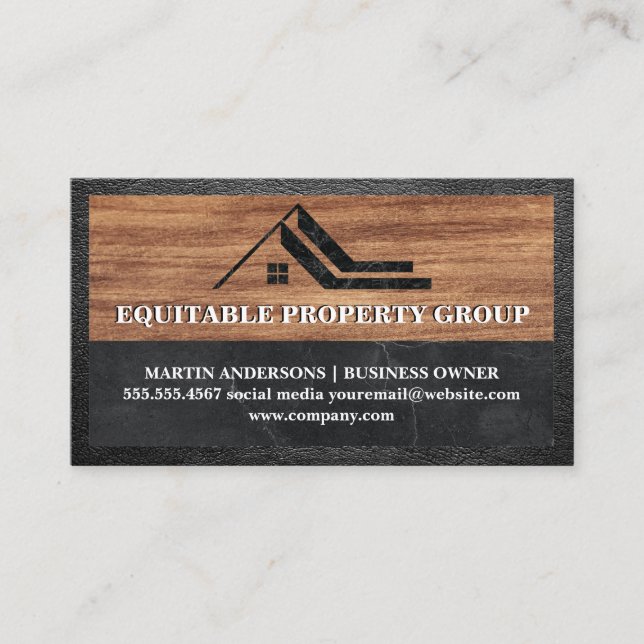 Real Estate Agent Marble Logo | Wood Leather Business Card (Front)