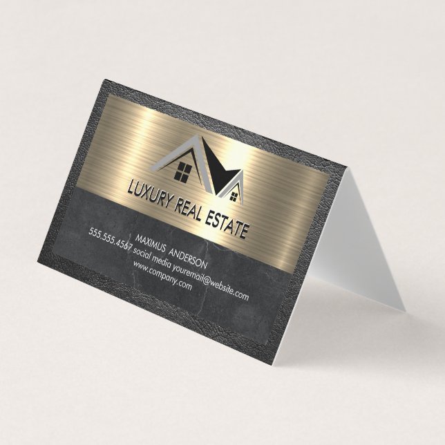 Real Estate Agent | Metallic Gold Leather Business Card (Front)