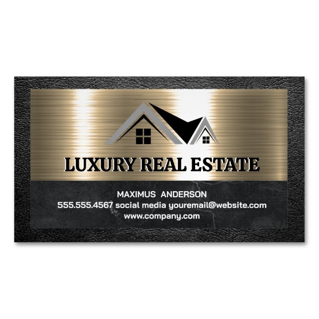Real Estate Agent | Metallic Gold Leather Magnetic Business Card (Front)