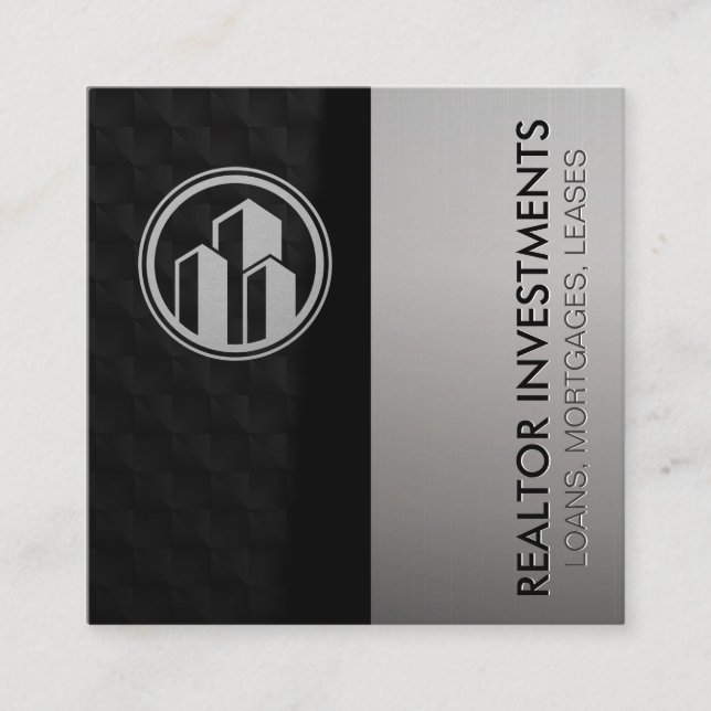 Real Estate Agent | Metallic | Sleek Black Square Business Card (Front)