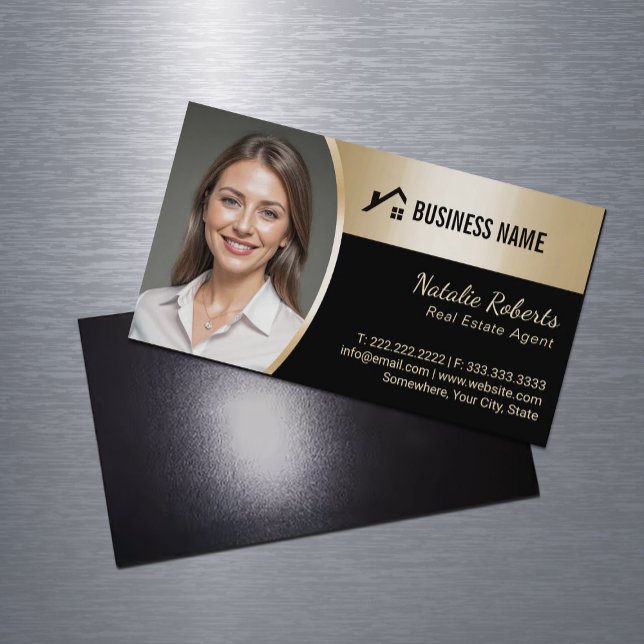 Real Estate Agent Modern Black Gold Realtor Photo Magnetic Business Card (Creator Uploaded)