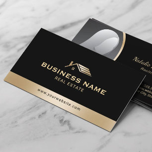 Real Estate Agent Modern Gold House Logo Photo Business Card