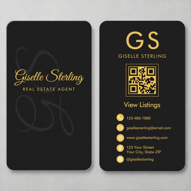 Real Estate Agent Monogram Black Gold QR Code Business Card (Creator Uploaded)