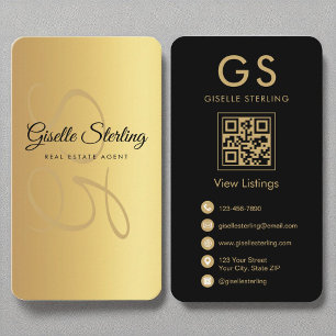 Real Estate Agent Monogram Gold Black QR Code Business Card