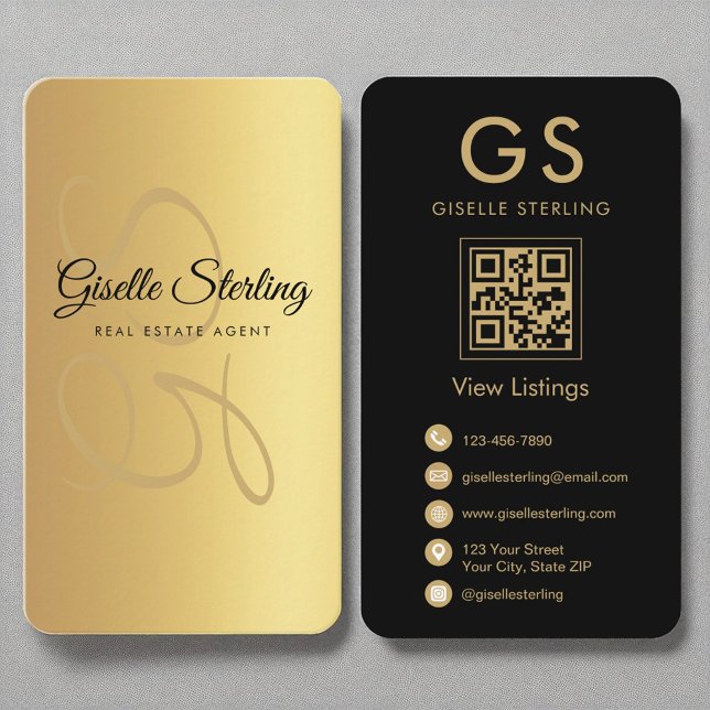 Real Estate Agent Monogram Gold Black QR Code Business Card (Creator Uploaded)