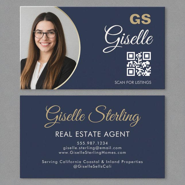 Real Estate Agent Navy Blue Gold Photo QR Code  Business Card (Creator Uploaded)