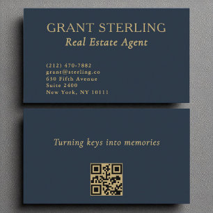 Real Estate Agent Navy Blue Gold QR Code  Business Card