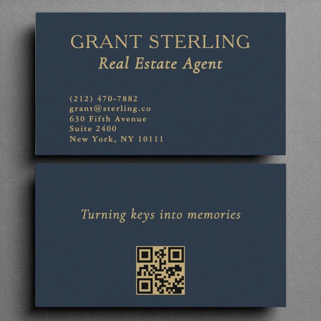 Real Estate Agent Navy Blue Gold QR Code  Business Card (Creator Uploaded)