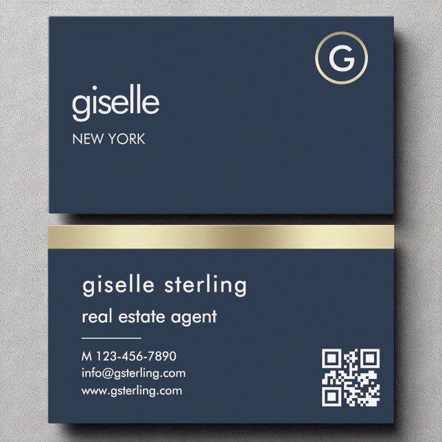 Real Estate Agent Navy Blue QR Code Gold Monogram  Business Card (Creator Uploaded)