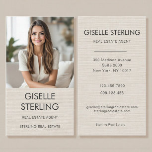 Real Estate Agent Neutral Linen Photo Business Card