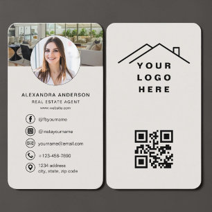Real Estate Agent Photo Beige QR Code  Business Card