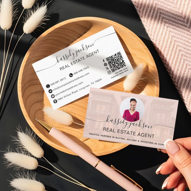 Real Estate Agent Photo QR Code Script Luxury Business Card (Elegant Script Name Circle Business Photo QR Code Business Card)