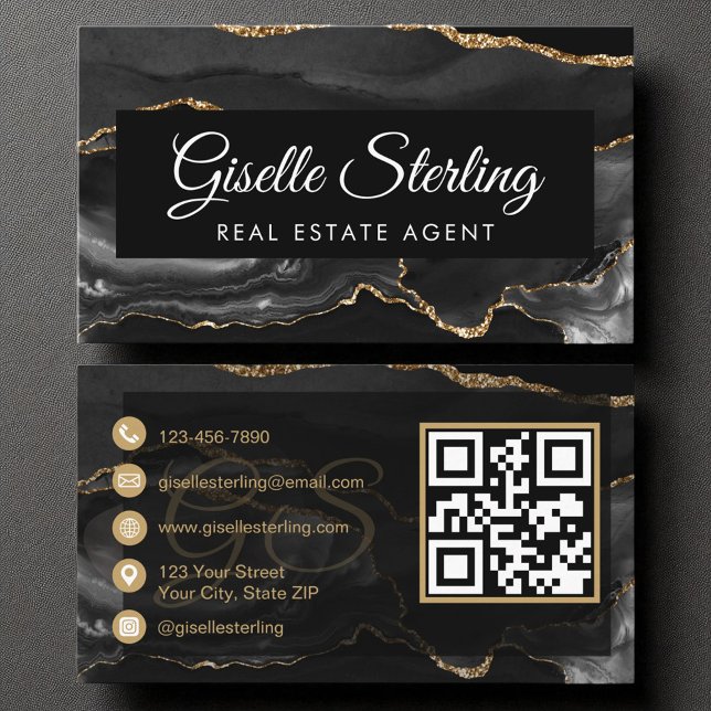 Real Estate Agent QR Code Black Gold Agate Luxury  Business Card (Creator Uploaded)