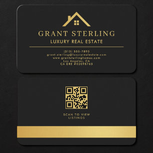 Real Estate Agent QR Code Black Gold Business Card
