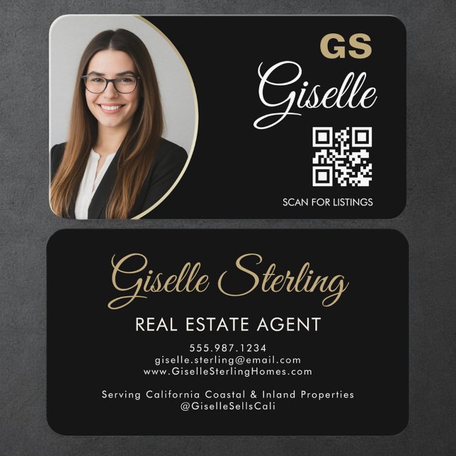 Real Estate Agent QR Code Black Gold Photo  Business Card (Creator Uploaded)