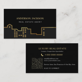 Real Estate Agent QR Code Luxury Black Gold Calling Card