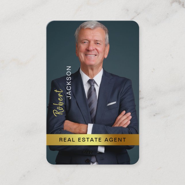 Real Estate Agent Realtor Black Gold Custom Photo Business Card (Front)