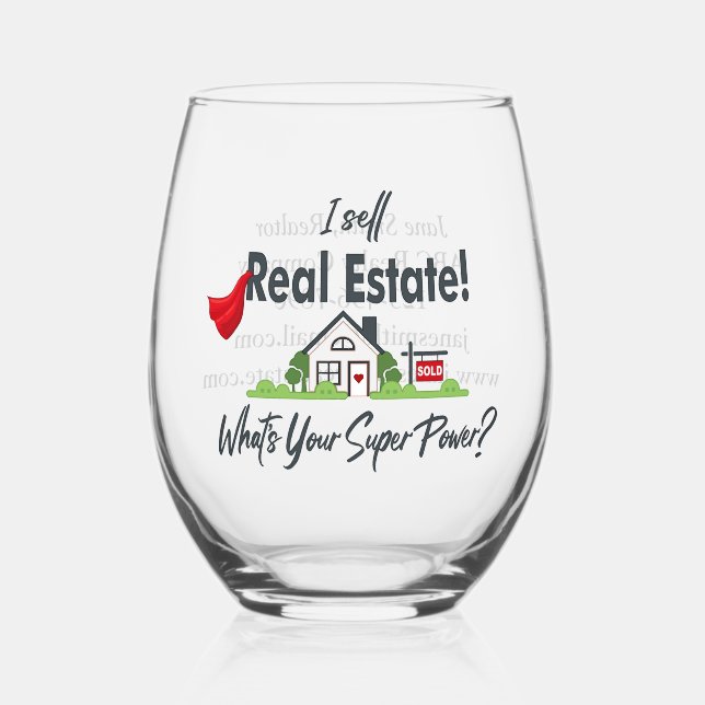 Real Estate Agent, Realtor Super Hero Personalised Stemless Wine Glass (Front)