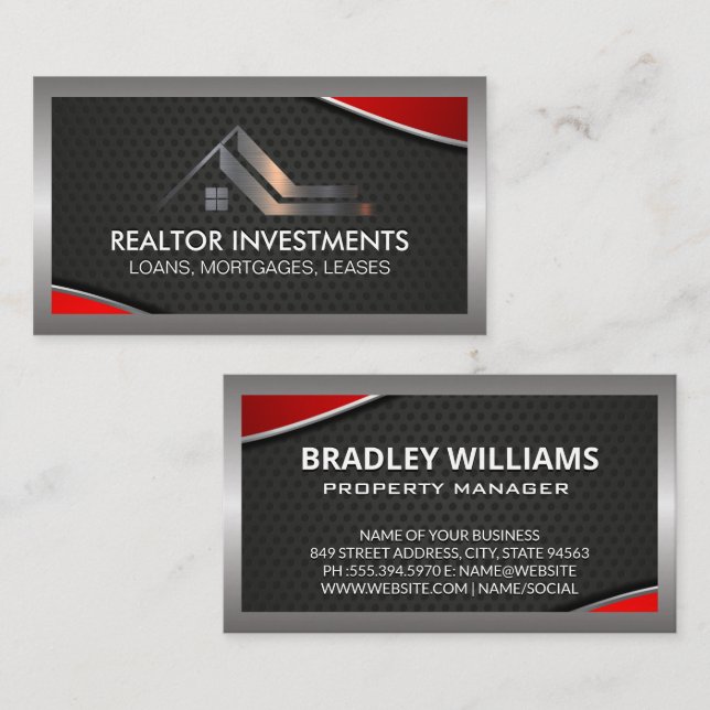 Real Estate Agent | Red Metallic | Borders Business Card (Front/Back)