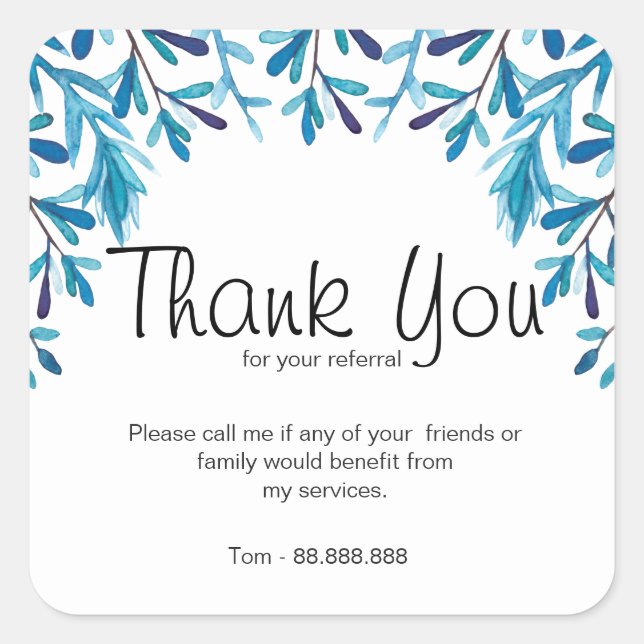 Real Estate Agent Referral Thank You blue Square Sticker (Front)