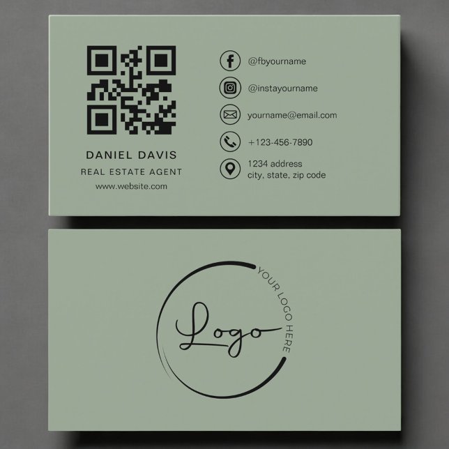 Real Estate Agent Sage Green Logo QR Code  Business Card (Creator Uploaded)