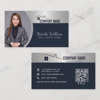 Real Estate Agent Silver Blue Professional Photo Calling Card